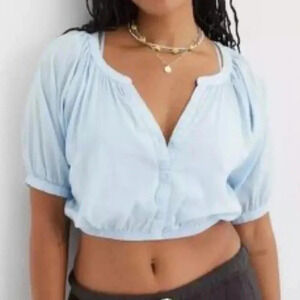 NWT Aerie Women's Light Blue 1/2 Sleeve Crop Top Blouse Shirt Size Medium